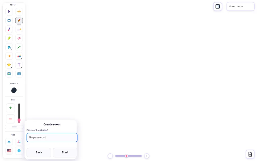 Create a room: optional password field and Start button