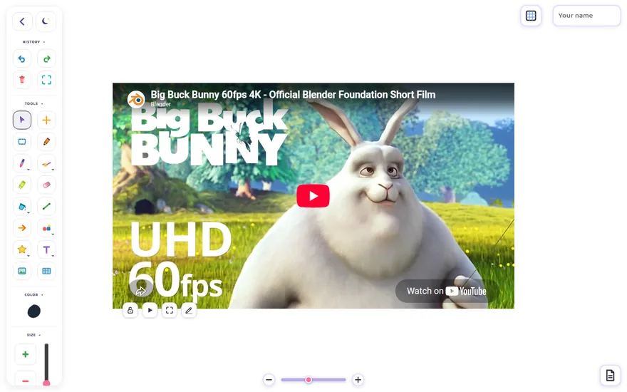 A YouTube video embedded on the canvas with its control bar